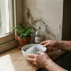 Handen plaatsen witte kom met grof zout op houten vensterbank naast vochtvlekken op muur, plant en azijnfles ernaast