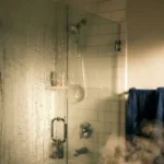 Beslagen badkamerspiegel met condensdruppels en waterstralen in moderne witte badkamer met stoom van hete douche