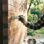 Huiseigenaar brengt transparante beschermende coating aan op rode bakstenen gevel met professionele kwast, waterdruppels parelen af