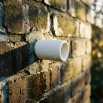 Witte keramische buis in verweerde bakstenen muur met waterdruppels en gouden zonlicht schaduwen