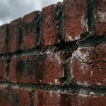 Verweerde bakstenen muur met vochtschade, donkere watervlekken, afbrokkelende voegen en witte zoutafzettingen