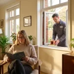Huiseigenaar leest rustig boek in lichte woonkamer terwijl CAREBRICK technicus keramische elementen installeert door raam