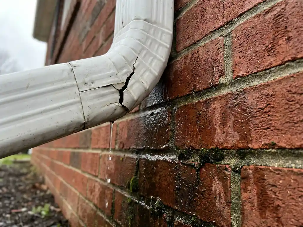 Beschadigde witte kunststof regenpijp met scheur lekt water op bakstenen fundering, donkere vochtschade zichtbaar op muur