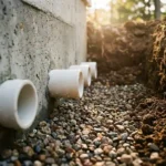 Doorsnede van huisfundering met witte keramische drainagebuizen in betonwand, waterdruppels op grindbed