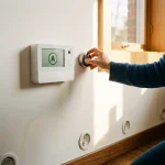 Energielabel A-meter op witte muur met verdwijnende vochtplekken, hand bij thermostaat, natuurlijk zonlicht