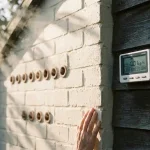 Witte bakstenen muur met keramische ventilatie-elementen en waterdamp in gouden zonlicht, energiemeter toont lage CO₂-waarden