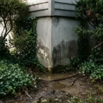 Doorsnede van huisfundering met donkere watervlekken op betonnen muren, dichte klimop en overwoekerde struiken te dicht bij fundering met zichtbare wortels in natte grond