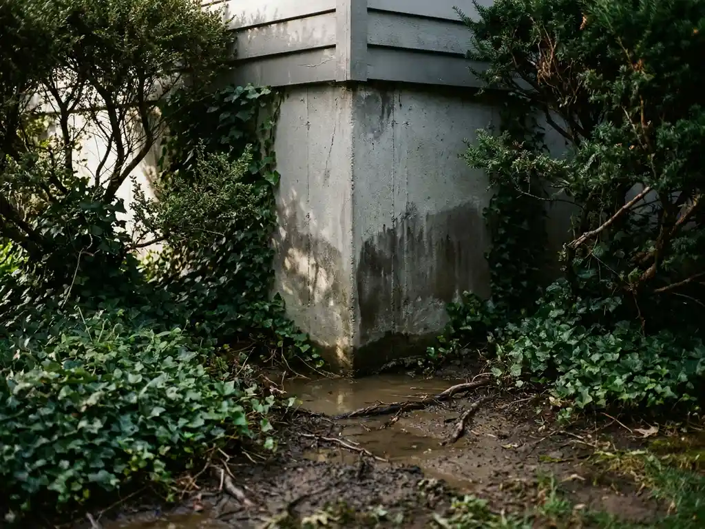 Doorsnede van huisfundering met donkere watervlekken op betonnen muren, dichte klimop en overwoekerde struiken te dicht bij fundering met zichtbare wortels in natte grond