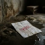 Vervallen garantiedocument met rode "NIETIG" stempel op vochtige keldergrond naast waterschade en schimmelplekken op betonnen muren