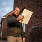 Professionele inspecteur bestudeert certificaat met gouden zegel naast Nederlands huis met vochtschade aan bakstenen gevel