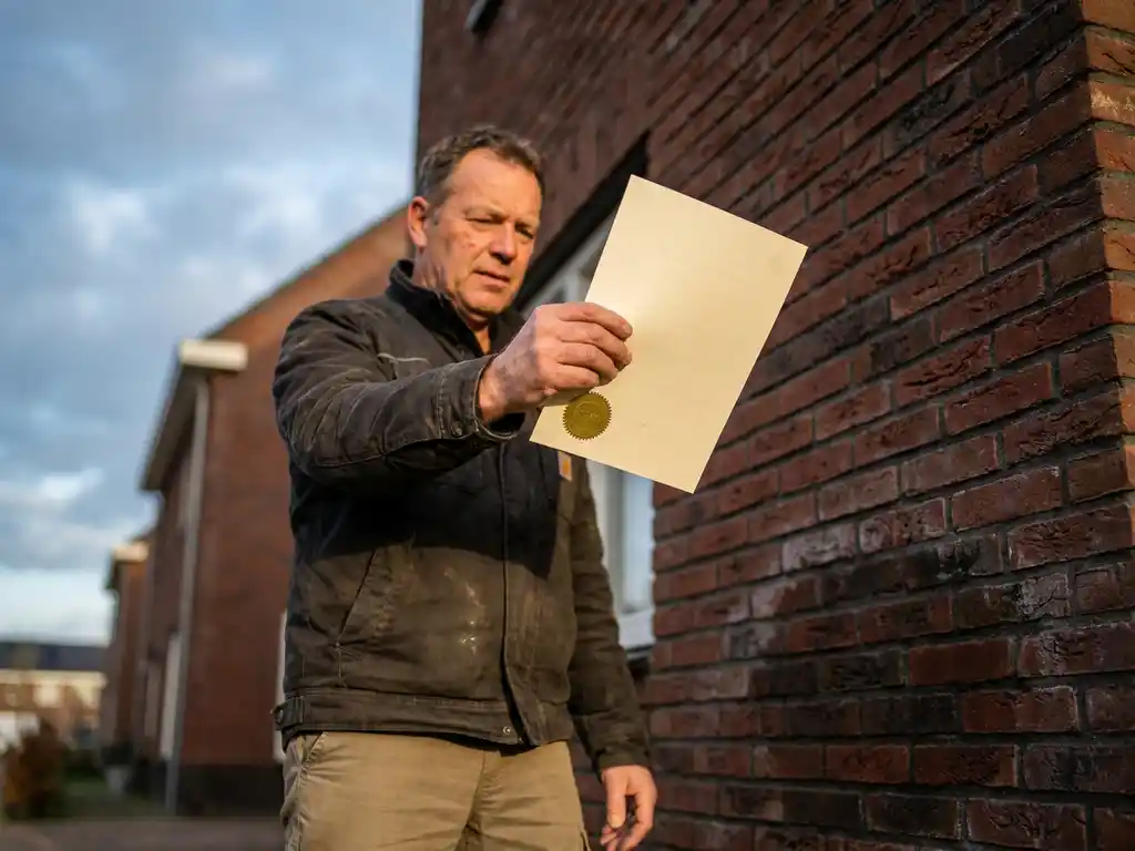 Professionele inspecteur bestudeert certificaat met gouden zegel naast Nederlands huis met vochtschade aan bakstenen gevel