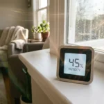Digitale hygrometer toont 45% luchtvochtigheid op witte vensterbank met waterdruppels op glas en ochtendlicht