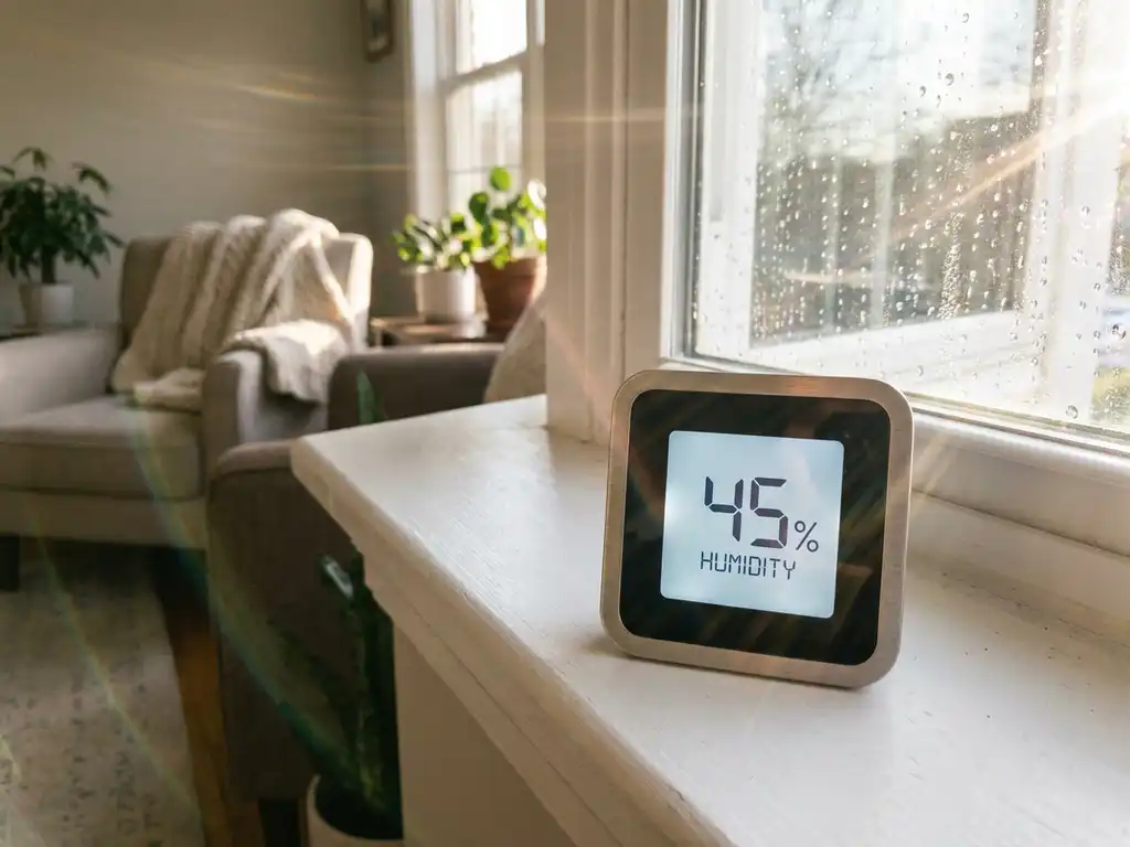 Digitale hygrometer toont 45% luchtvochtigheid op witte vensterbank met waterdruppels op glas en ochtendlicht