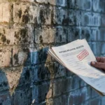 Vochtige bakstenen muur met donkere schimmelplekken, hand houdt hypotheekdocumenten met rood afwijzingsstempel vast