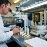 Wetenschapper in witte laboratoriumjas onderzoekt keramische buizen onder precisie microscoop met meetinstrumenten op werkbank