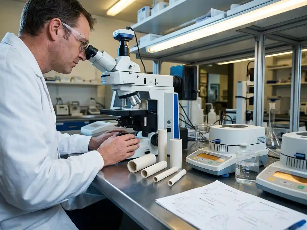 Wetenschapper in witte laboratoriumjas onderzoekt keramische buizen onder precisie microscoop met meetinstrumenten op werkbank