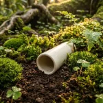 Witte keramische buis tussen groen mos en kiemplanten op donkere vruchtbare grond met waterdruppels
