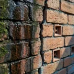 Verweerde bakstenen muur met watervlekken en schimmel links, schone droge stenen met ventilatie-elementen rechts
