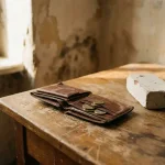 Open leren portemonnee met enkele euromunten op verweerde houten tafel bij natuurlijk raamlicht