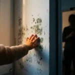 Kind reikt naar donkergroene schimmelplekken op witte slaapkamermuur terwijl bezorgde ouder toekijkt vanuit deuropening