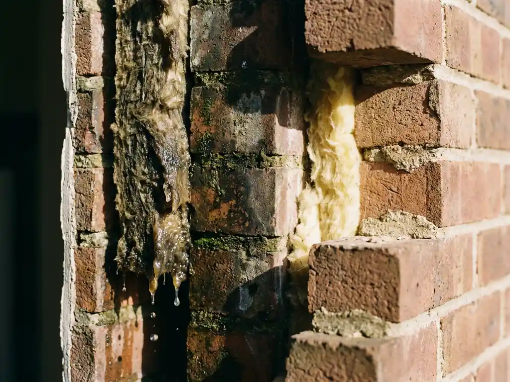 Doorsnede van een spouwmuur met doorweekte isolatie die druppelt van vocht, droge isolatie aan de andere kant
