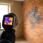 Professionele infrarood thermische camera gericht op bakstenen muur toont vochtpatronen in blauw en oranje op LCD-scherm