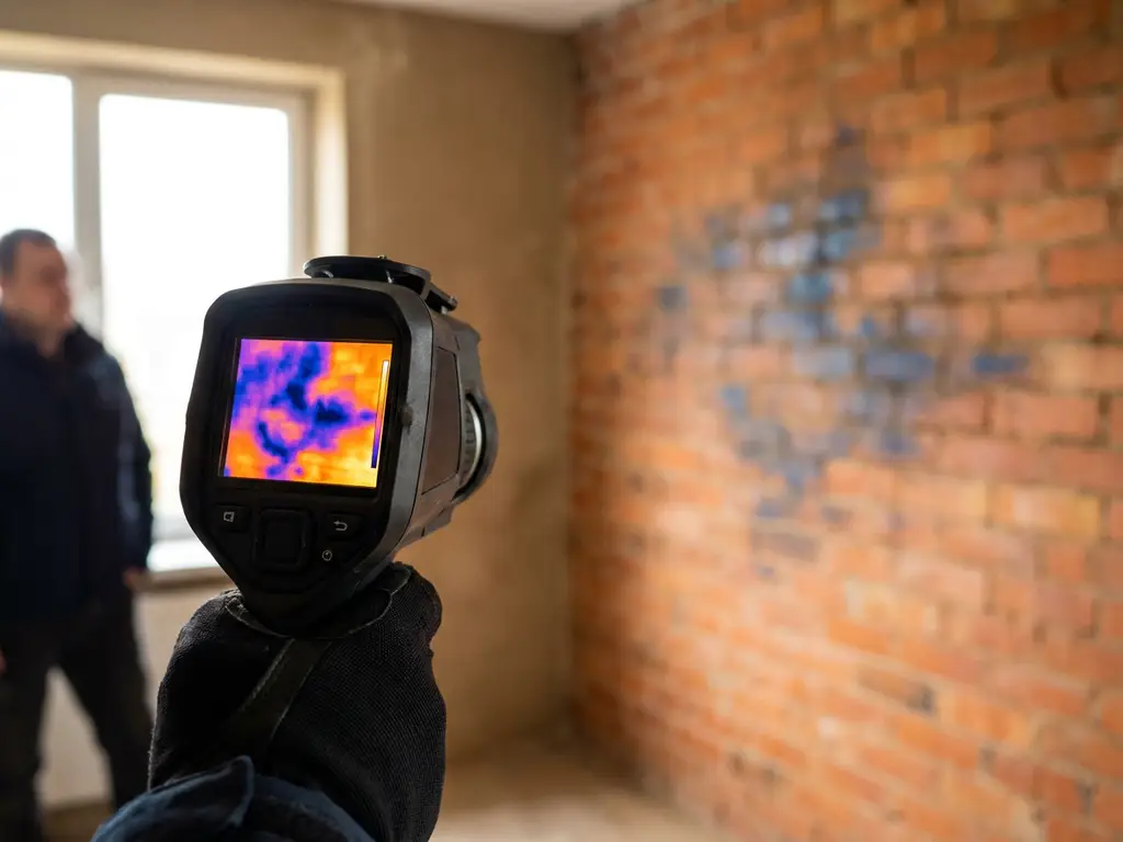 Professionele infrarood thermische camera gericht op bakstenen muur toont vochtpatronen in blauw en oranje op LCD-scherm