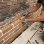 Vakman installeert CAREBRICK ventilatie-elementen in gerestaureerde bakstenen gevel met vers mortelwerk op steiger
