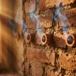 Doorsnede van bakstenen muur met keramische ventilatiebuizen, vochtdruppels verdampen in warm zonlicht door raam