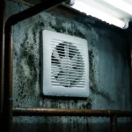 Witte ventilator op vochtige keldermuur met waterdruppels, schimmelplekken en condensatie op nabijgelegen leidingen