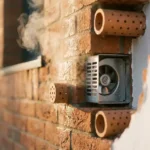 Doorsnede van moderne bakstenen muur met mechanische ventilator en keramische ventilatiebuizen, waterdamp verdampt in gouden licht