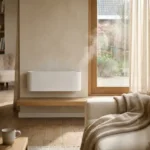 Witte ventilatiesysteem gemonteerd op moderne muur in Nederlandse woonkamer met houten vloer en natuurlijk daglicht