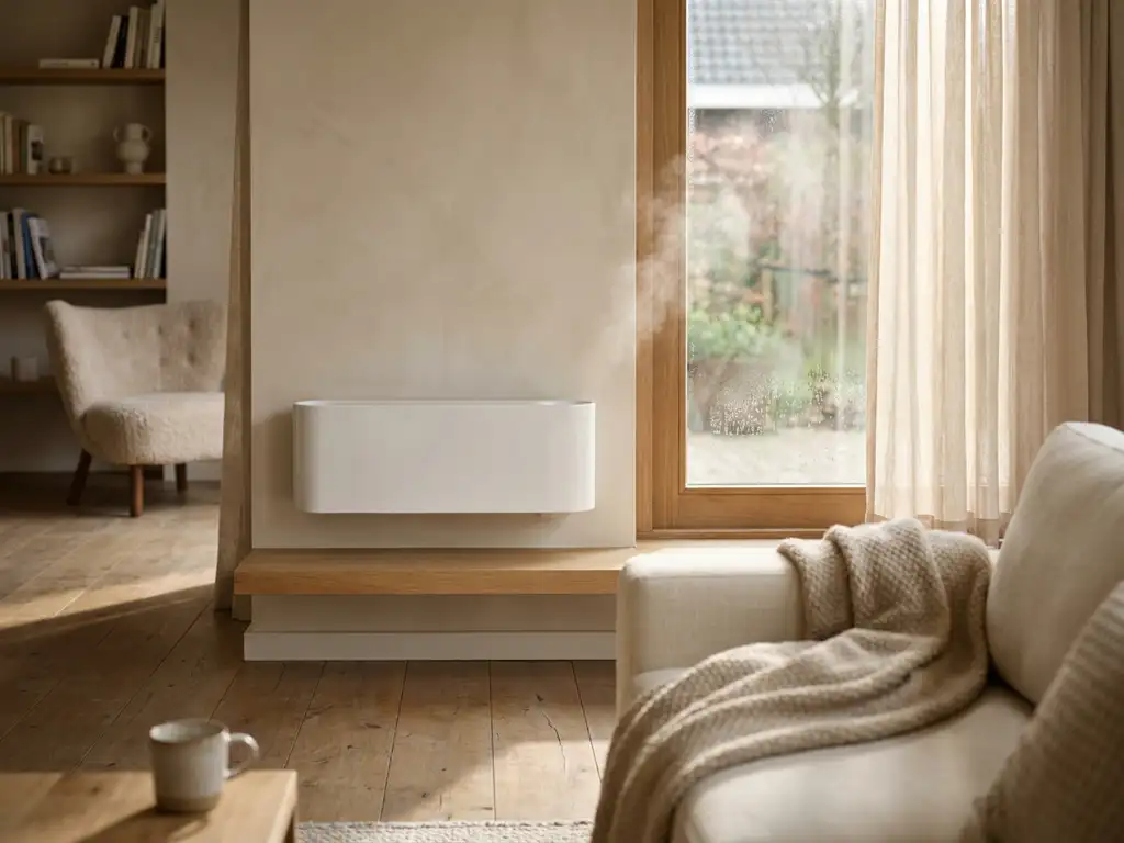 Witte ventilatiesysteem gemonteerd op moderne muur in Nederlandse woonkamer met houten vloer en natuurlijk daglicht
