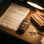 Belastingdocument "Verhuurde Woningen" op donkere houten bureau naast vochtmeter, huisleutels en keramiek element