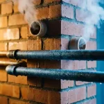 Doorsnede van bakstenen muur met condensatie op koude metalen leidingen en waterdamp uit keramische ventilatiebuizen