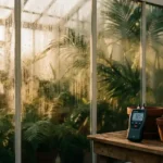 Waterdruppels condenseren op glazen panelen van kas terwijl vochtmeter op houten tafel luchtvochtigheid meet tussen groene planten