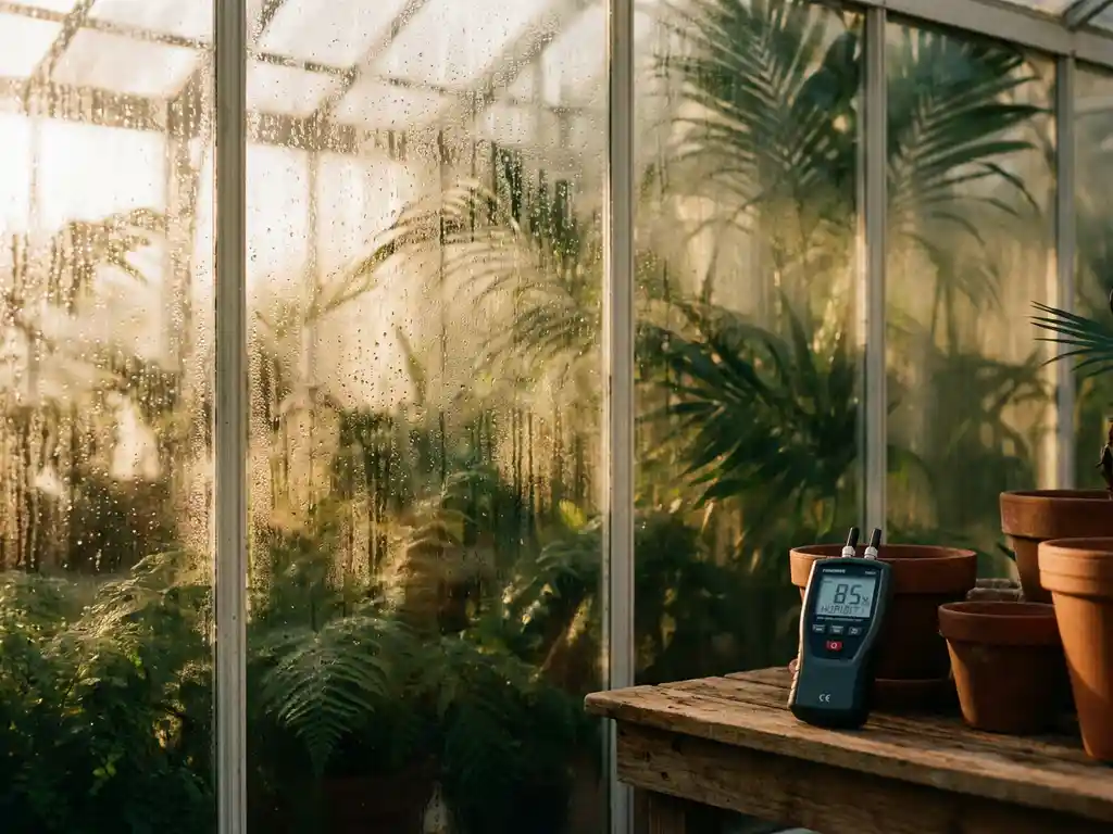 Waterdruppels condenseren op glazen panelen van kas terwijl vochtmeter op houten tafel luchtvochtigheid meet tussen groene planten