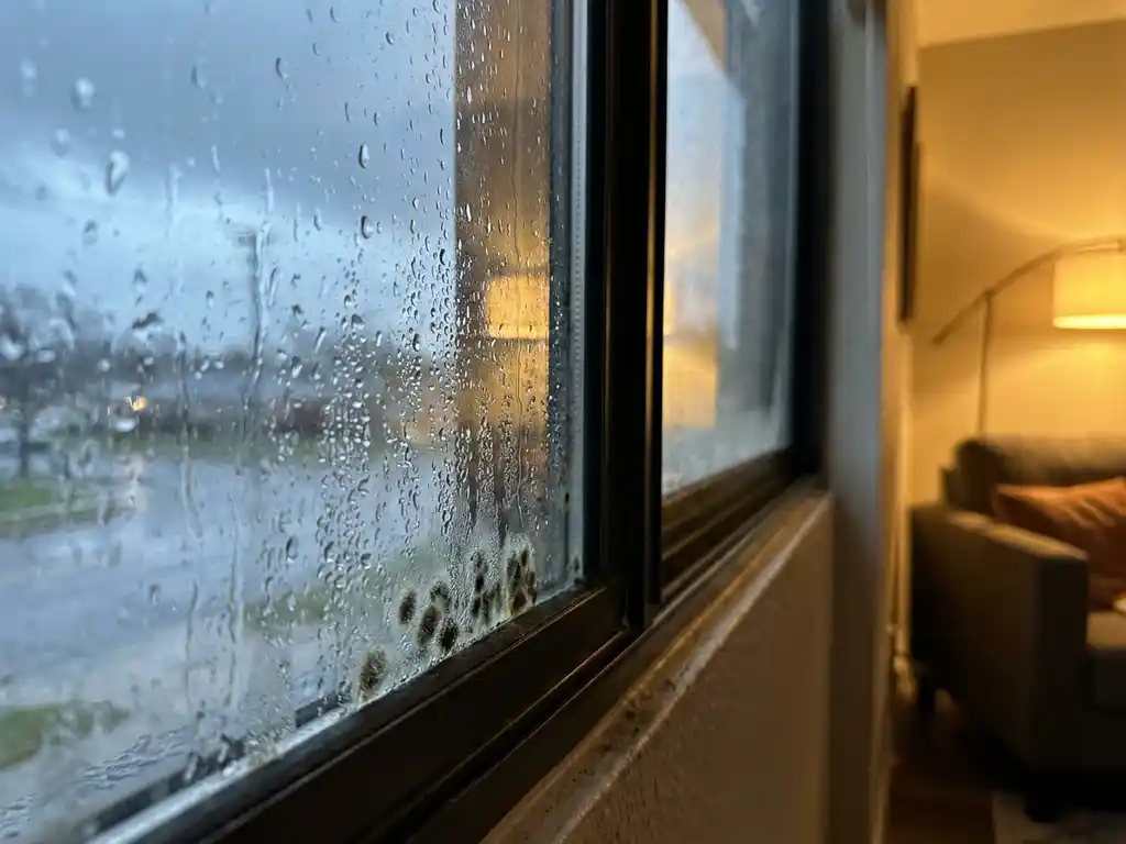 Waterdruppels condenseren op raamglas met schimmelvorming in hoekframe tijdens zware regenval