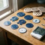Certificeringsbadges en kwaliteitszegels naast vochtdetectieapparatuur met digitale hygrometer op houten bureau