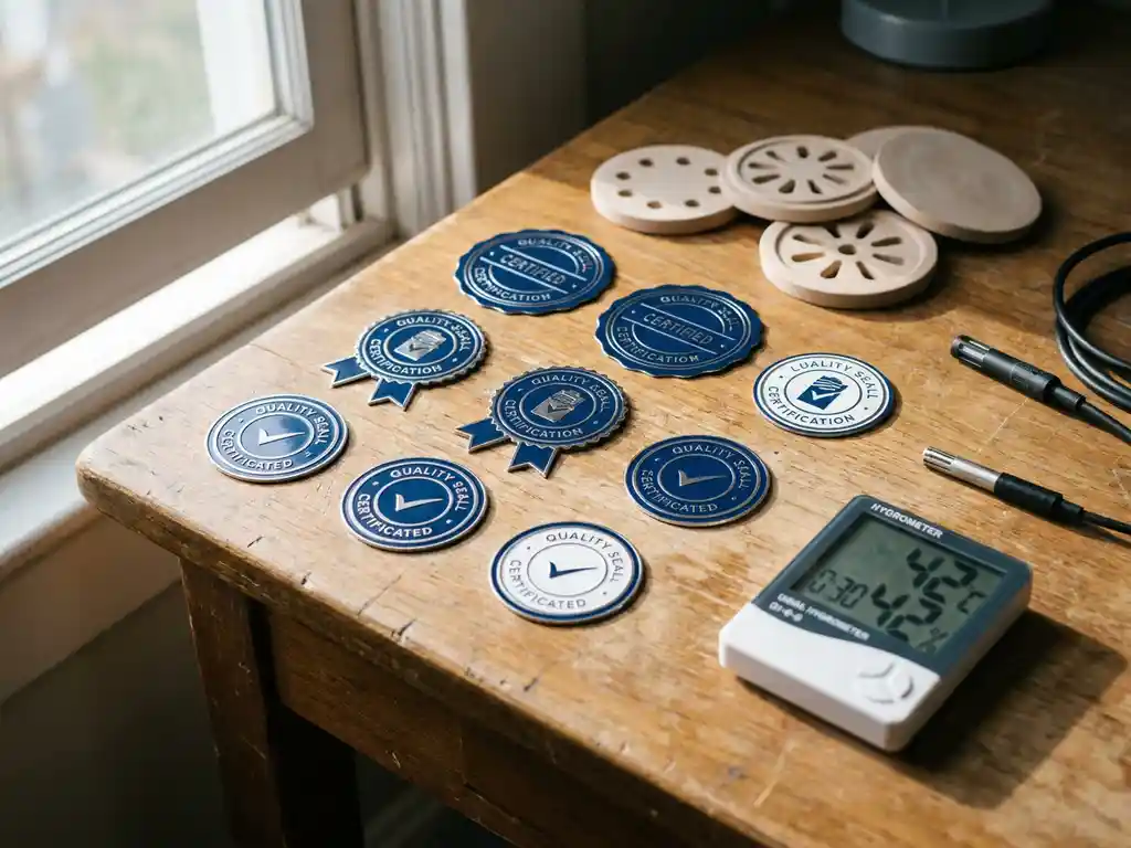 Certificeringsbadges en kwaliteitszegels naast vochtdetectieapparatuur met digitale hygrometer op houten bureau