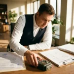 Professionele inspecteur in wit overhemd onderzoekt vochtdetectieapparatuur op houten bureau met certificeringsdocumenten