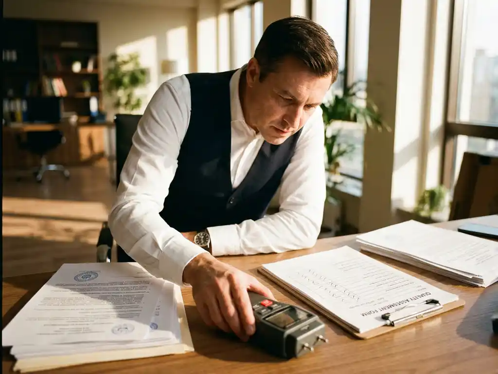 Professionele inspecteur in wit overhemd onderzoekt vochtdetectieapparatuur op houten bureau met certificeringsdocumenten