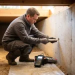 Vochtexpert installeert witte keramische ventilatiebuizen in betonnen funderingsmuur van droge kruipruimte met moderne meetapparatuur