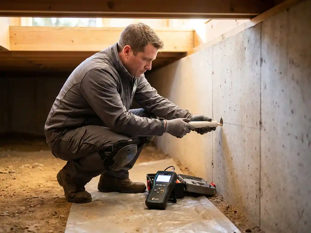 Vochtexpert installeert witte keramische ventilatiebuizen in betonnen funderingsmuur van droge kruipruimte met moderne meetapparatuur