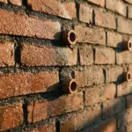 Doorsnede van bakstenen muur met vochtdruppels links, droge rechterkant en keramische ventilatiebuizen