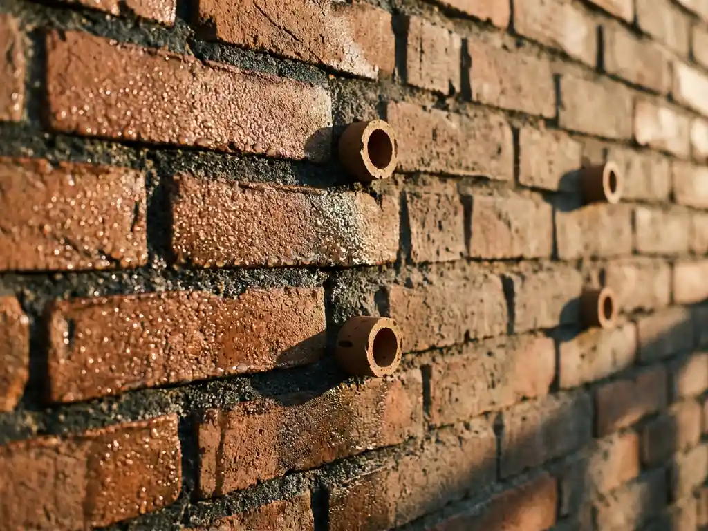 Doorsnede van bakstenen muur met vochtdruppels links, droge rechterkant en keramische ventilatiebuizen