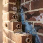 Doorsnede van spouwmuur met vochtschade, witte uitbloeiingen op rode bakstenen en keramische ventilatiebuizen in buitenmuur