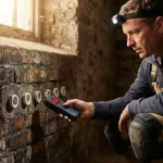 Vochtspecialist onderzoekt keramische ventilatiebuizen in bakstenen keldermuur met digitale vochtmeter
