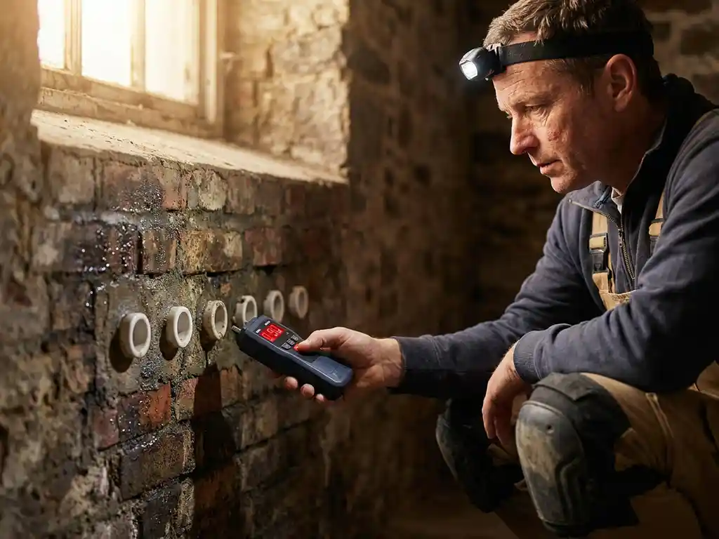 Vochtspecialist onderzoekt keramische ventilatiebuizen in bakstenen keldermuur met digitale vochtmeter