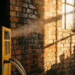 Professionele ontvochtiger droogt vochtige bakstenen muur met waterdamp en zonlicht door raam